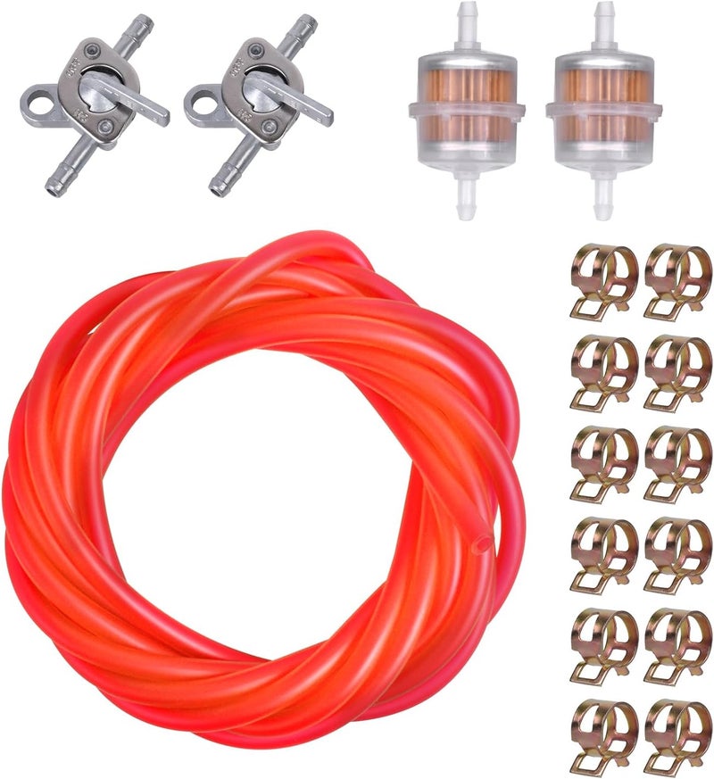 XYRVICT 3/16 Fuel Line 10 Feet Gas Hose Tube with 1/4 Fuel Shut Off Valve 1/4 Fuel Filters Clamps for Kawasaki for Honda for Stratton Lawn Mower Marine Weedeater Generator Go-Karts ATV Small Engine (Red) - Image 1